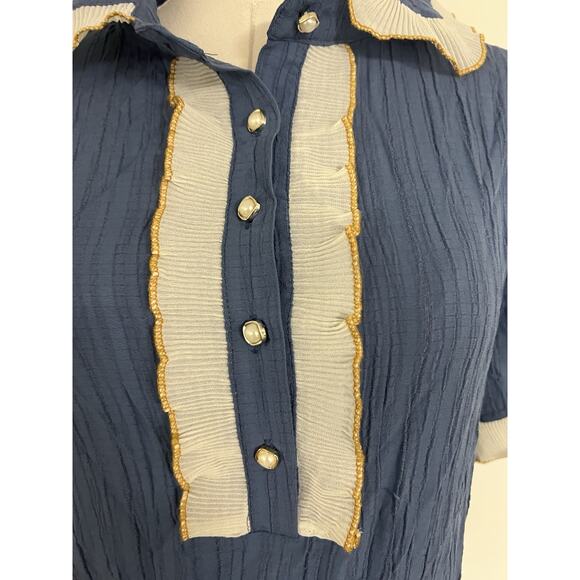 Blue Pleated Dress Collared Ruffle Gold Pearl Buttons Size XL Coquette - Picture 2 of 10